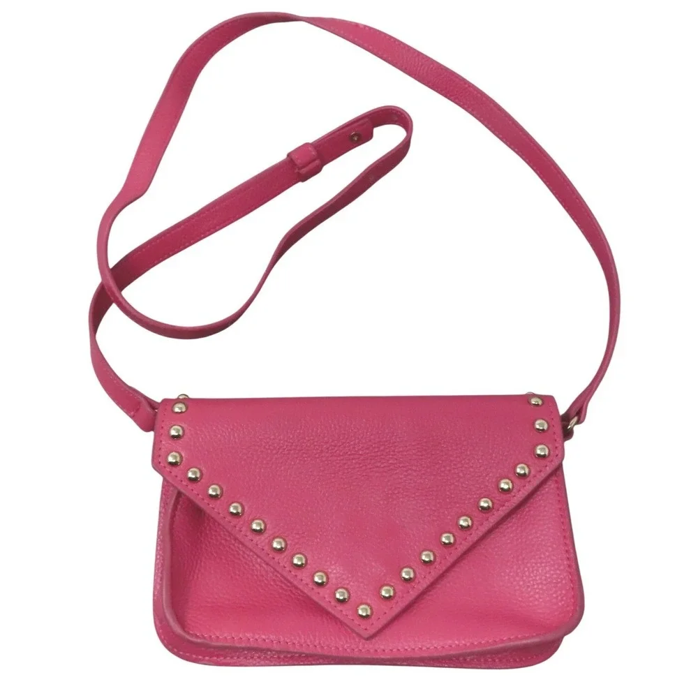 BTB Los Angeles Hot Pink Rocker Biker Styling Leather Gold Studded Crossbody Bag